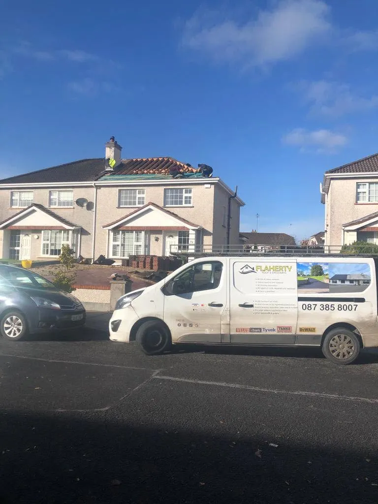 Flaherty Roof and Driveways van parked at a job, Flaherty Roof and Driveways